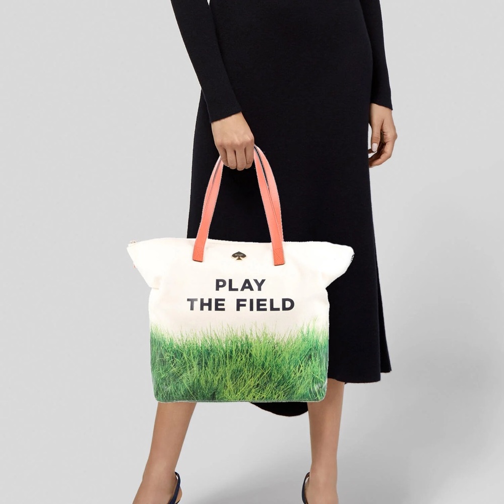 new kate spade Canvas Tote in White with Coral Handles and Green Grass Print